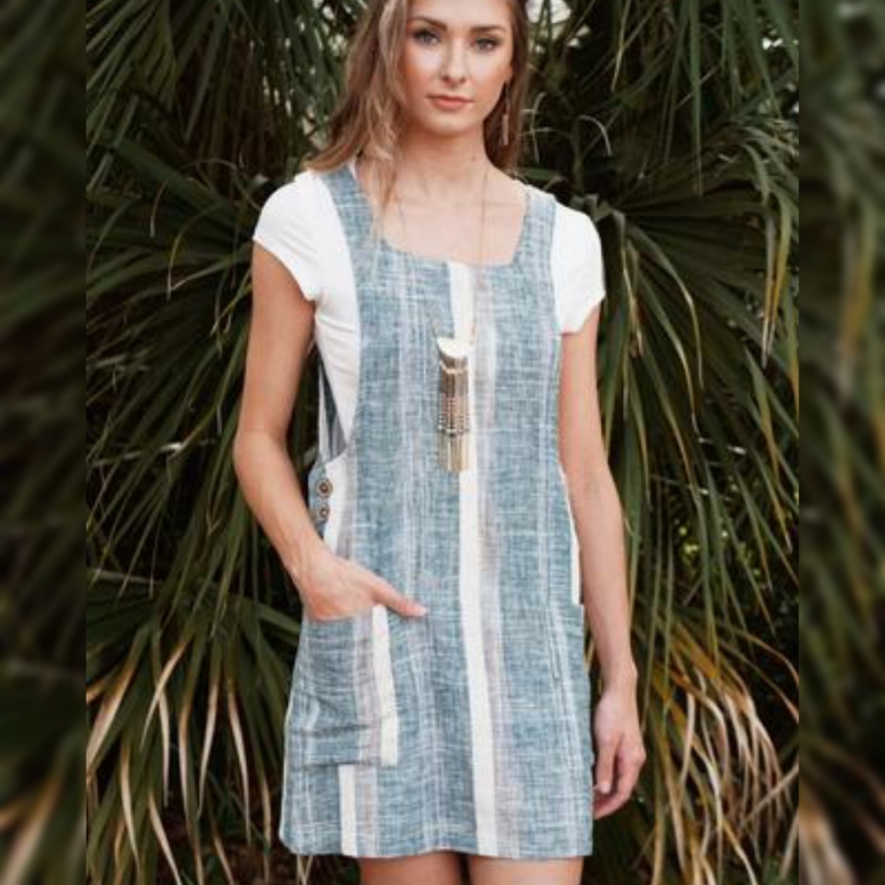 VICI Blue Linen Overall Pocket Dress Medium